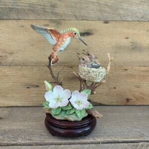 Vtg 1995 Maruri Allens Hummingbird & Babies Nootka Rose Porcelain & Bronze